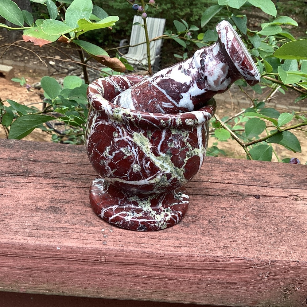 Mortar and pestle burgundy white Rosso Collemandina Marble possibly vintage